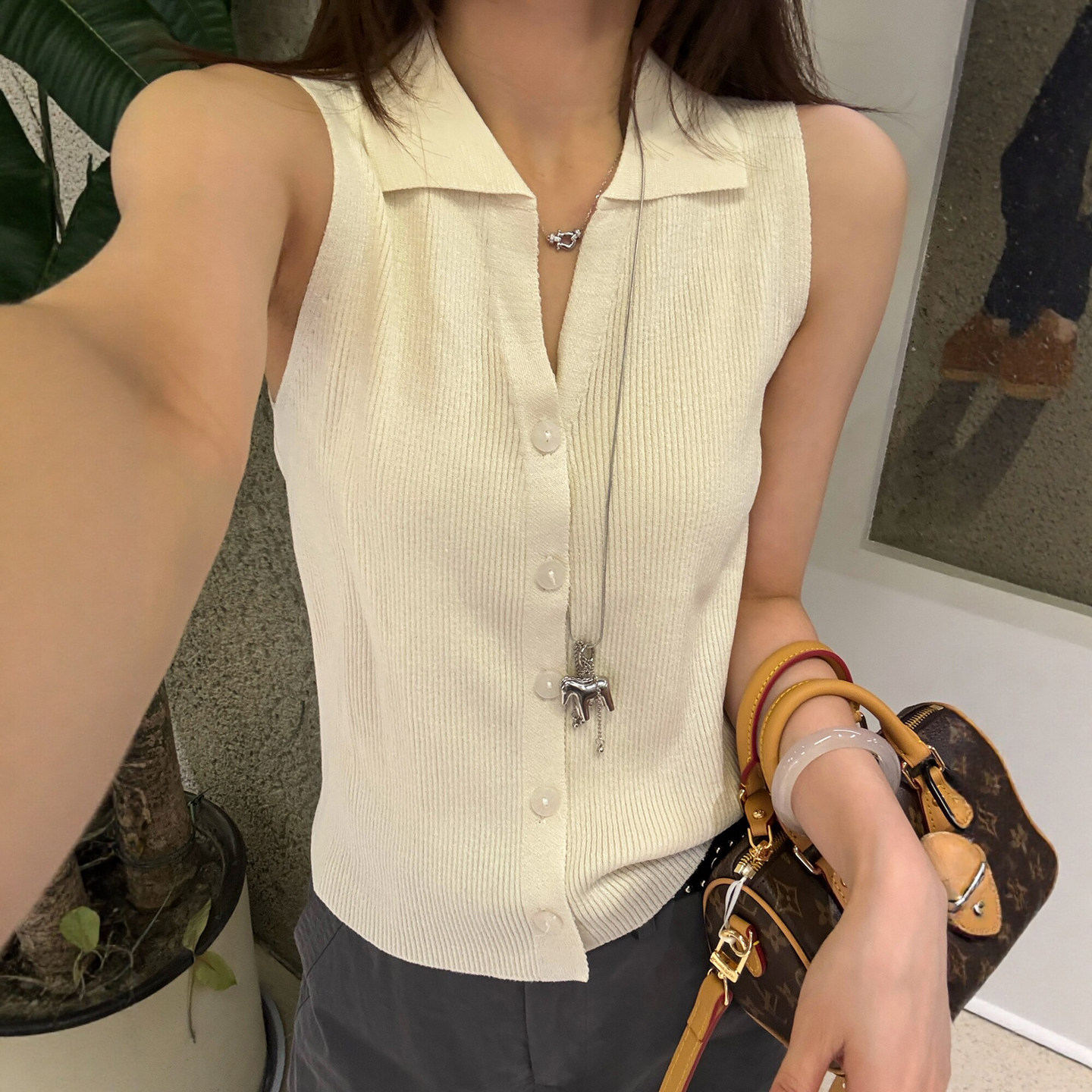 POLO领无袖冰丝针织开衫女欧洲站
