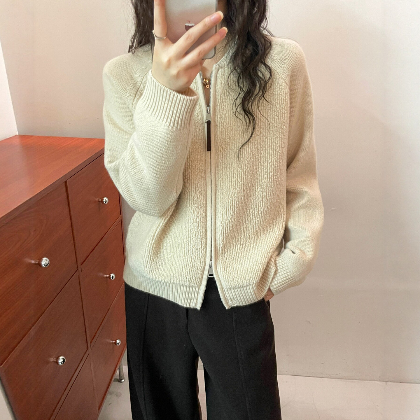 肌理感粗线山羊绒针织开衫女欧货