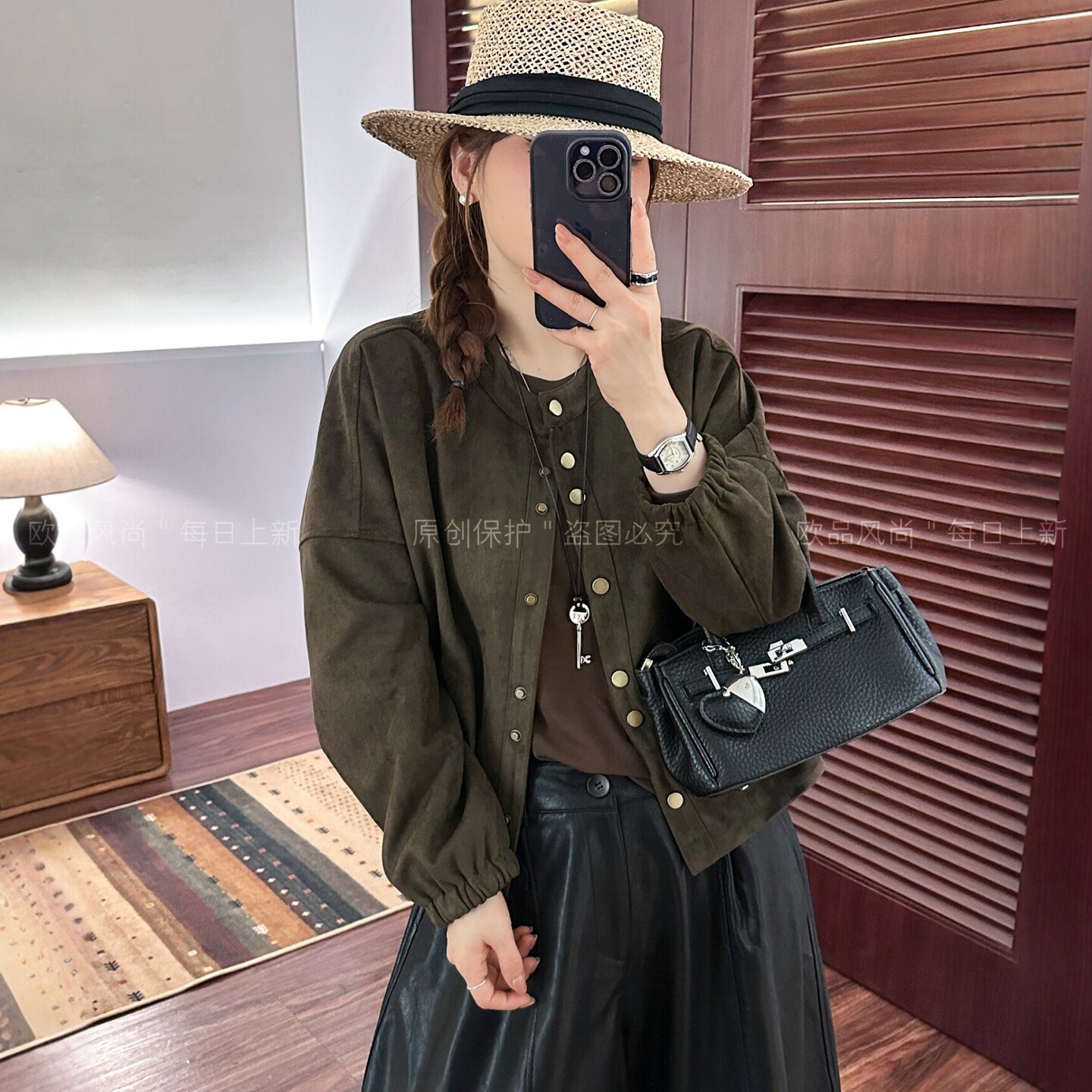 复古立领麂皮绒棒球服外套女欧货