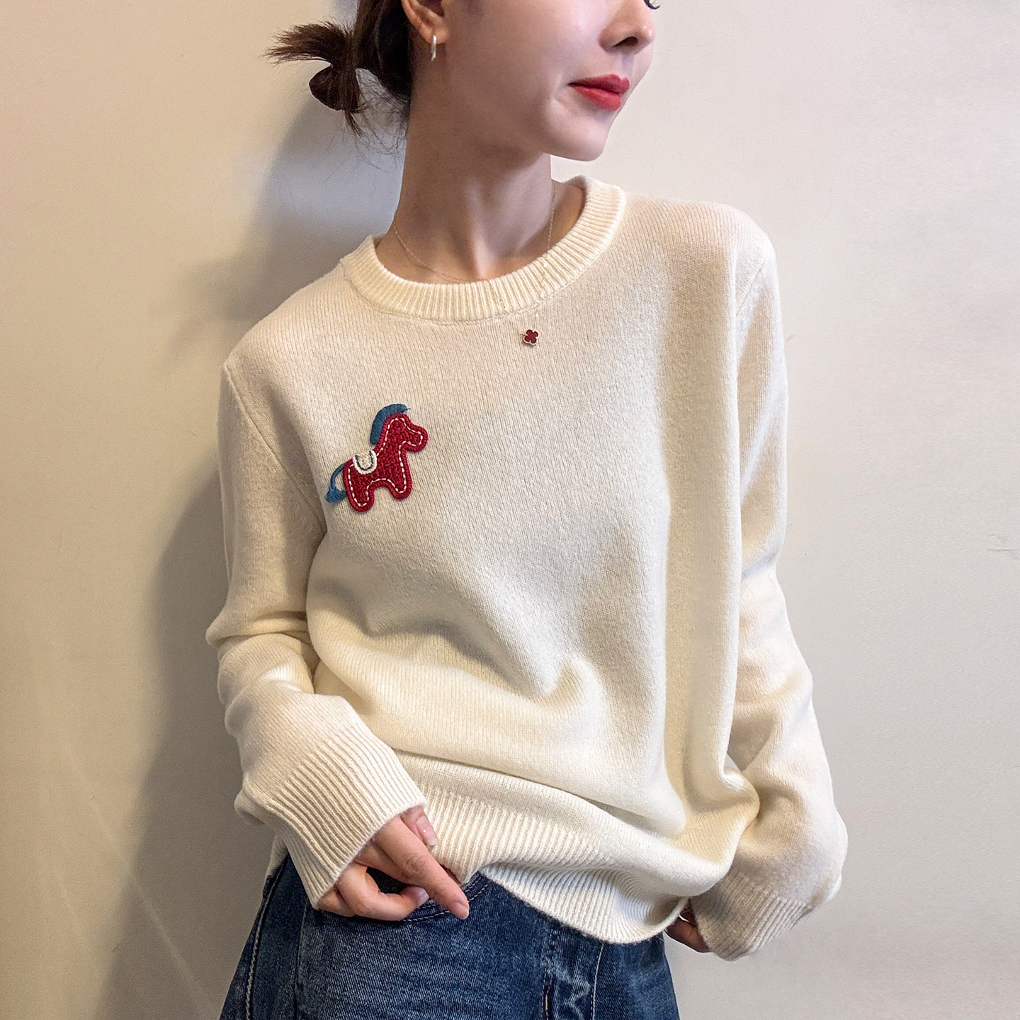 小马刺绣羊毛针织衫女欧洲站上衣