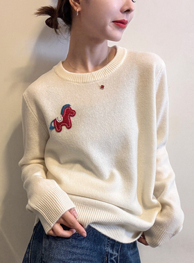 小马刺绣羊毛针织衫女欧洲站2025冬装新款欧货女装时尚洋气毛衣潮