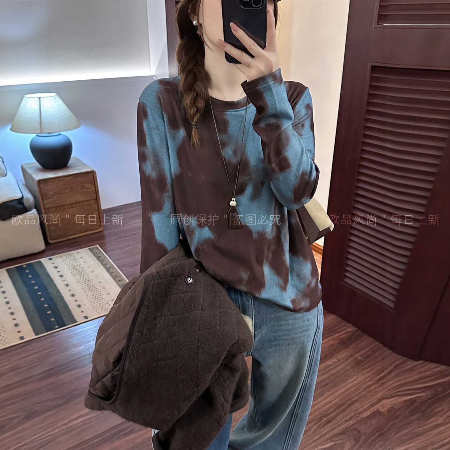 复古晕染磨毛加绒长袖T恤女欧货