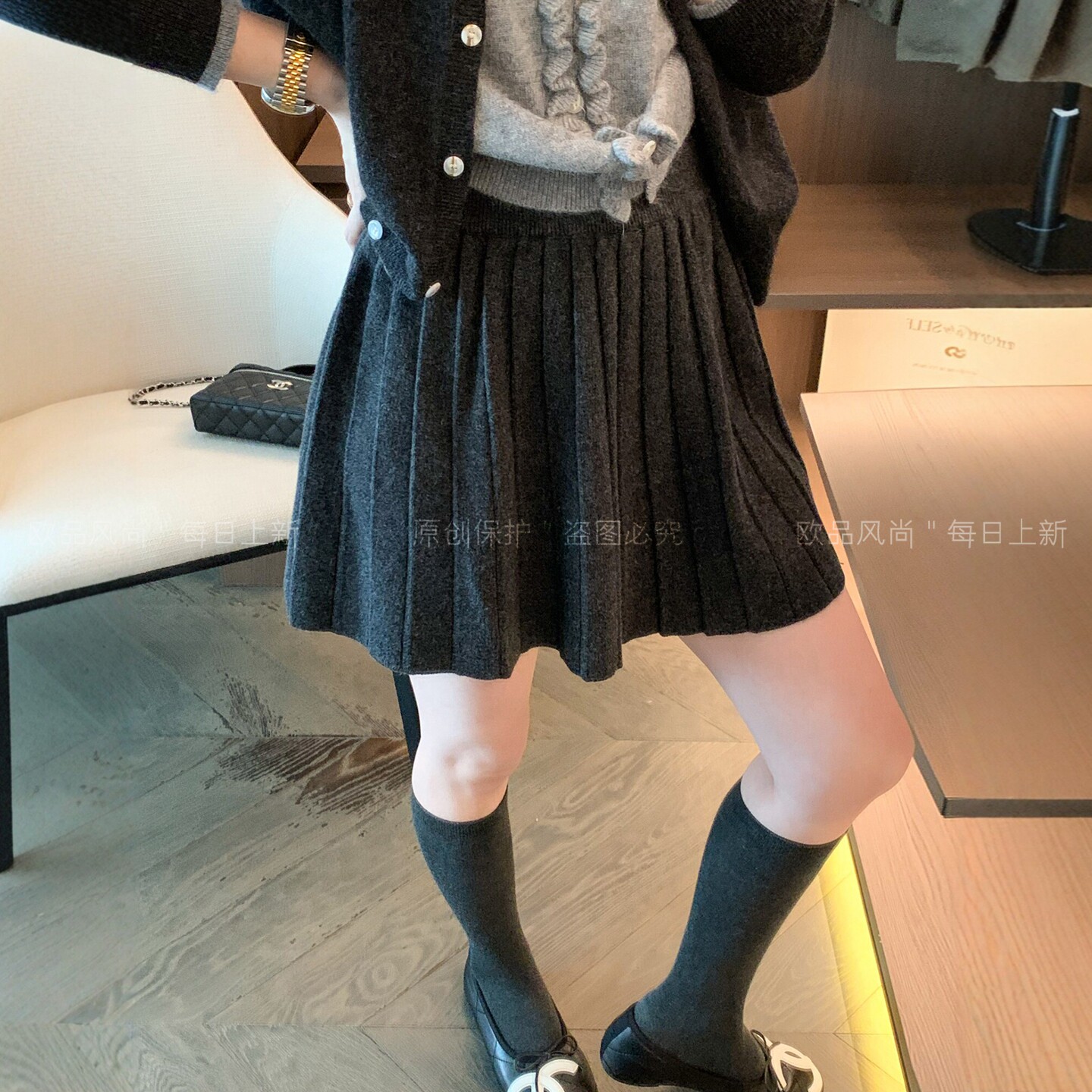 羊毛呢A字百褶半身裙女欧货短裙