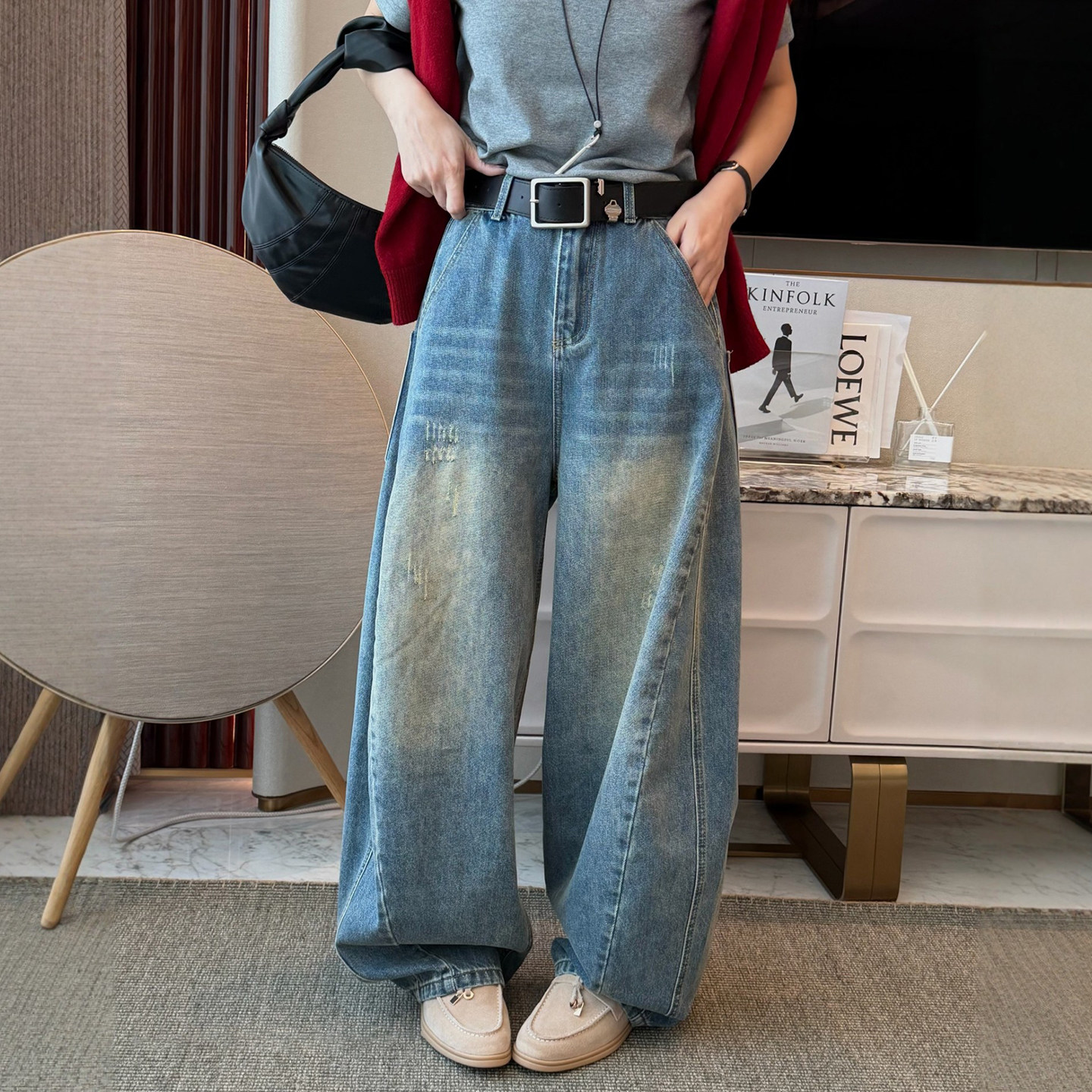 做旧磨破拖地阔腿牛仔裤女欧洲站2026春装新款欧货女装直筒裤子潮