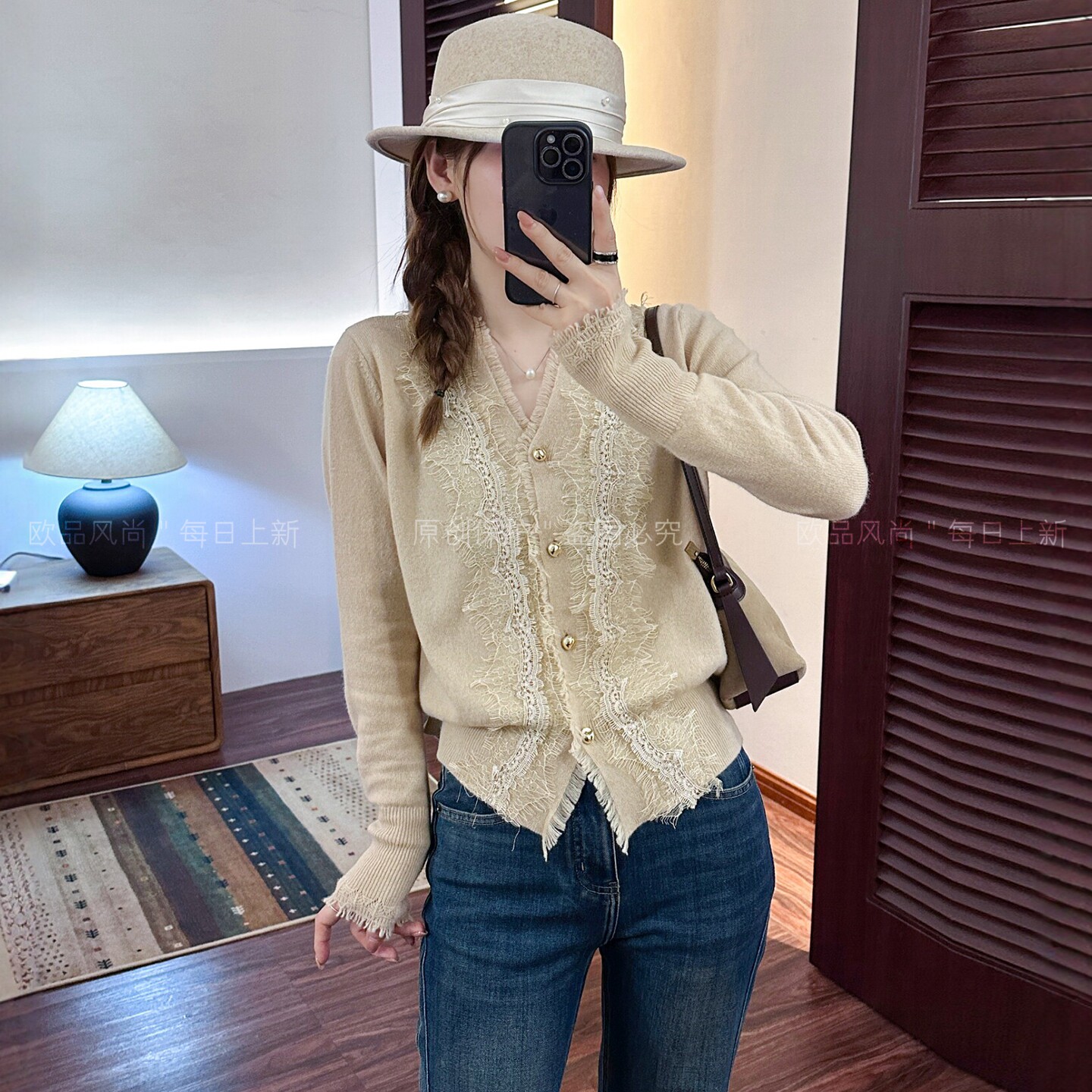 蕾丝流苏边羊毛针织开衫女欧洲站