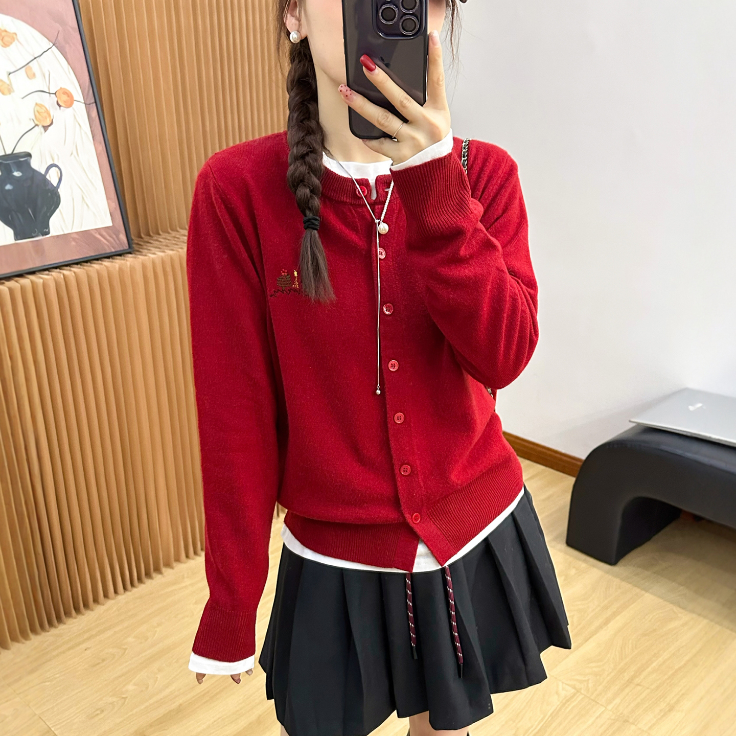 圣诞风100全羊毛针织开衫女欧货