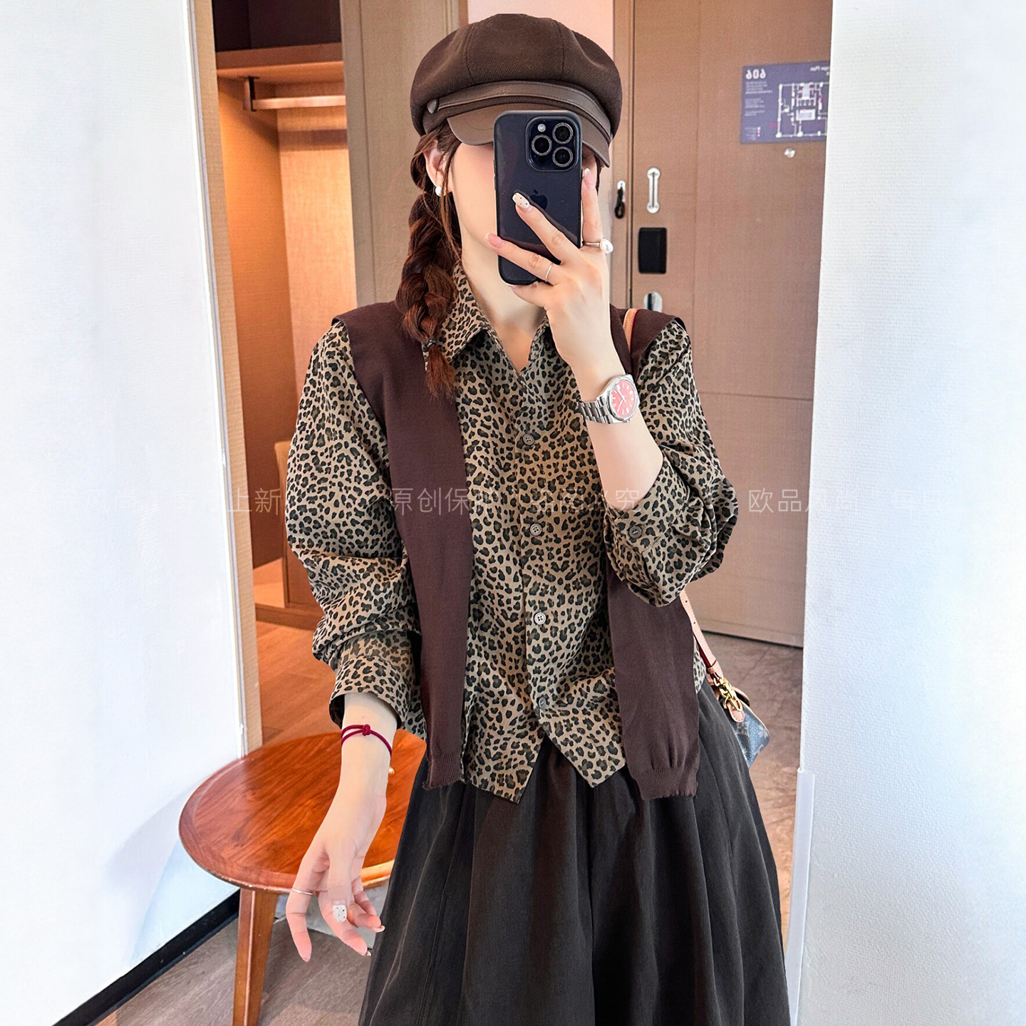 配披肩豹纹翻领衬衫女欧洲站上衣