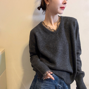打底小衫 蕾丝拼接V领羊毛针织衫 欧货女装 新款 潮 女欧洲站2025冬装