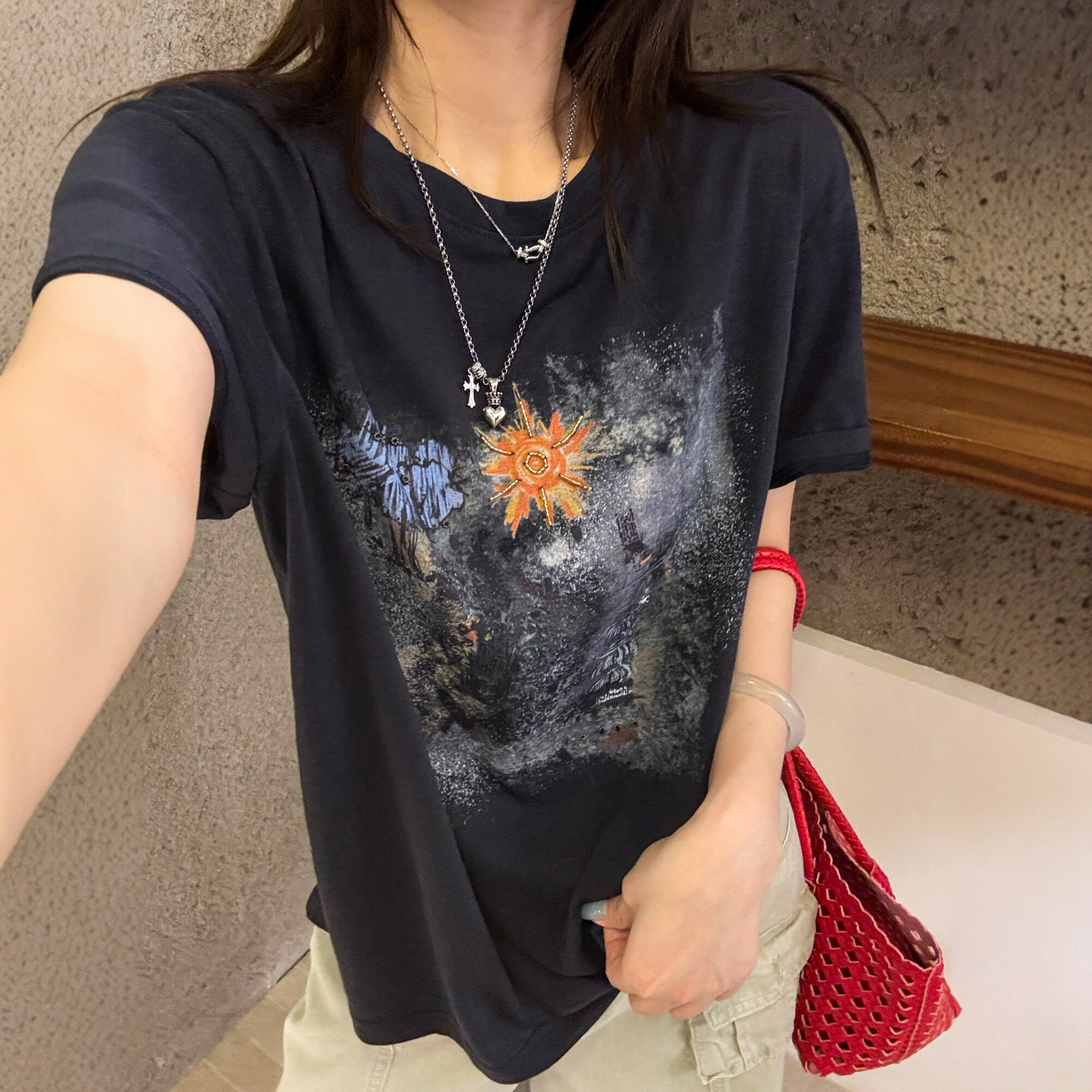 重工钉珠印花短袖T恤女欧货打底