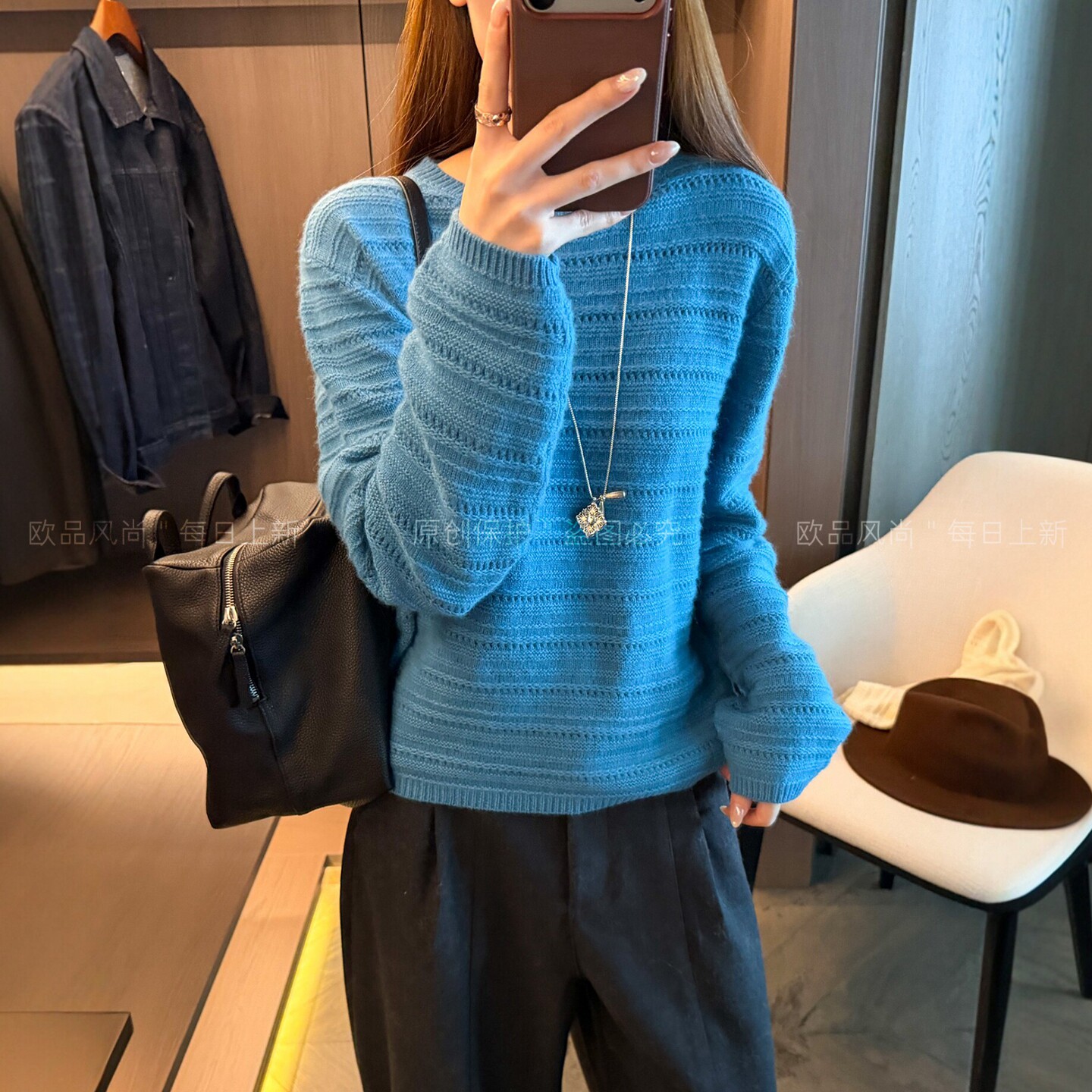 镂空钩花绵羊毛针织衫女欧货毛衣