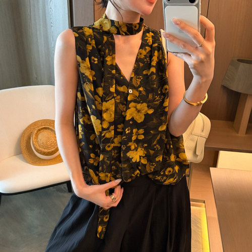 复古花朵飘带V领衬衫女欧洲站潮