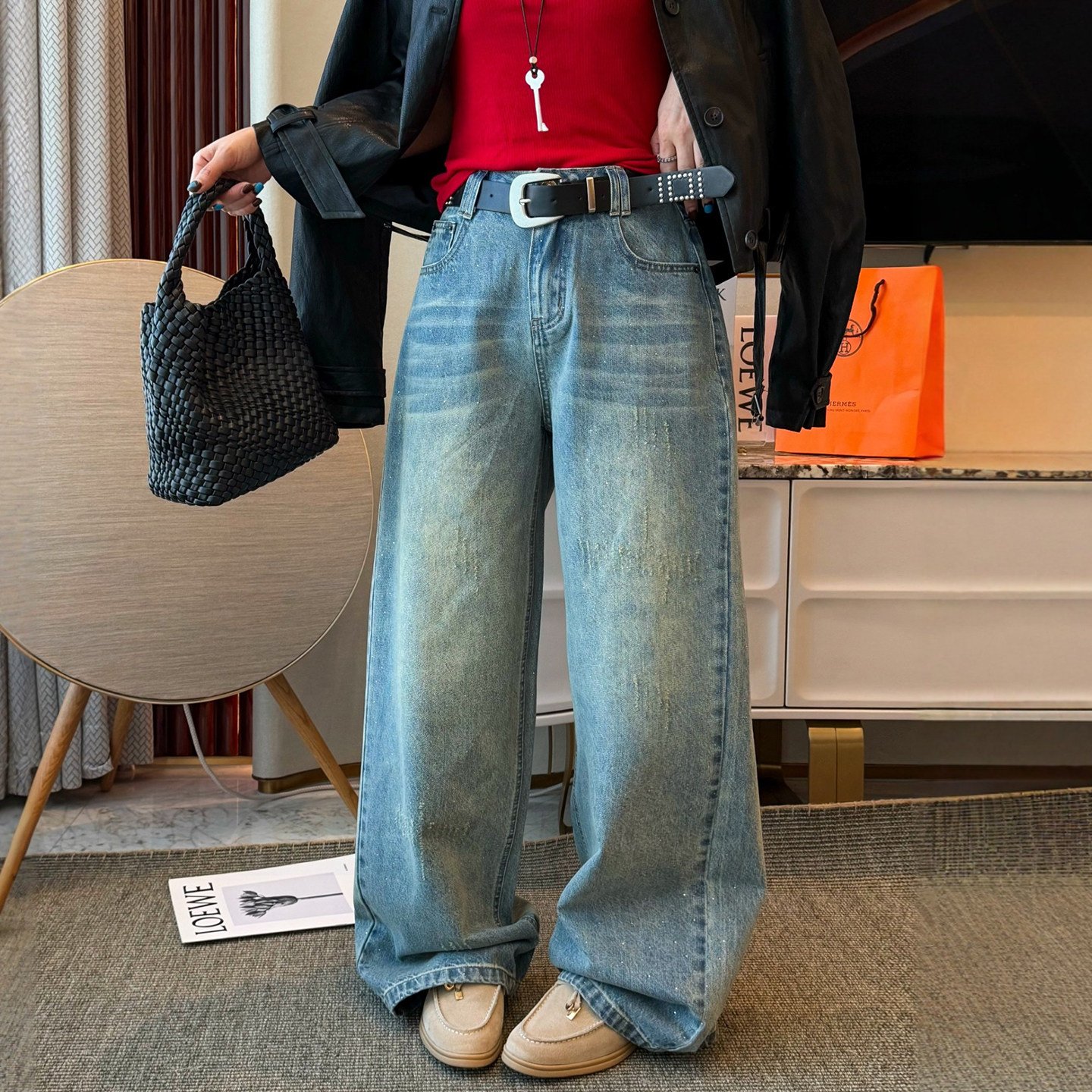 做旧烫钻拖地阔腿牛仔裤女欧洲站2026春装新款欧货女装直筒裤子潮