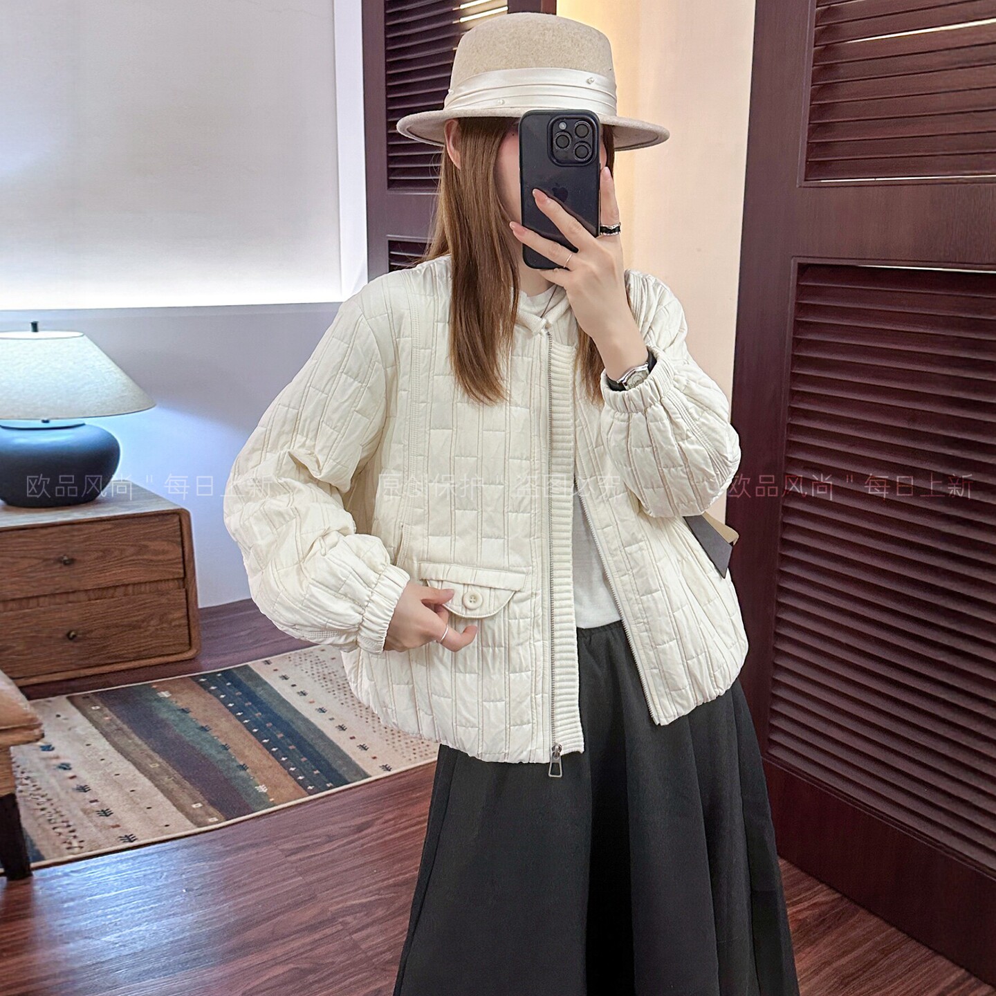 复古立领压格加棉外套女欧货棉服