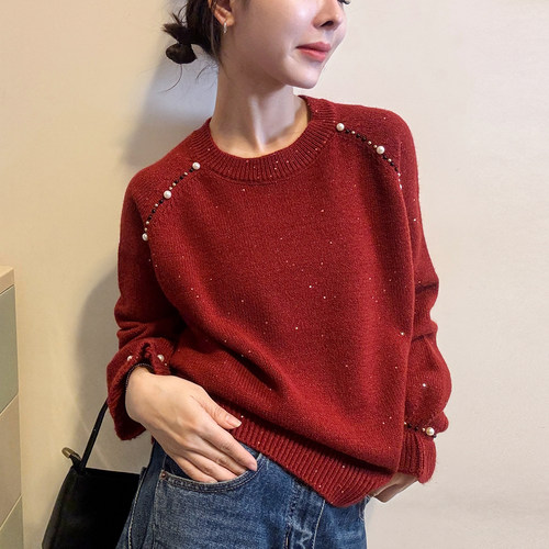 重工钉珠亮片羊毛针织衫女欧洲站