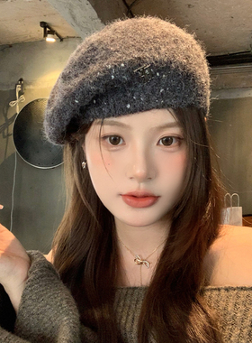Vva Kataki韩系灰色针织贝雷帽女秋冬保暖时髦高级感大头围帽子显