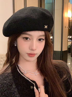 Vva Kataki贵气小香~无敌好搭选手 黑色毛呢贝雷帽子女秋冬气质画