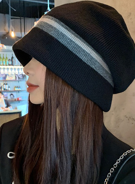 Vva Kataki拼接针织黑色堆堆帽女秋冬季韩版大头围冷帽日系显脸小