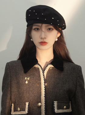 Vva Kataki2024新款黑色钉珠小众贝雷帽女秋冬高级感气质帽子网红
