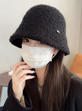 Vva Kataki2023新款羊毛渔夫帽女秋冬季素颜百搭显脸小水桶帽黑色