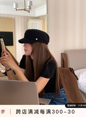 Vva Kataki2024纯羊毛报童帽女2024新款冬季复古平顶帽子黑色画家