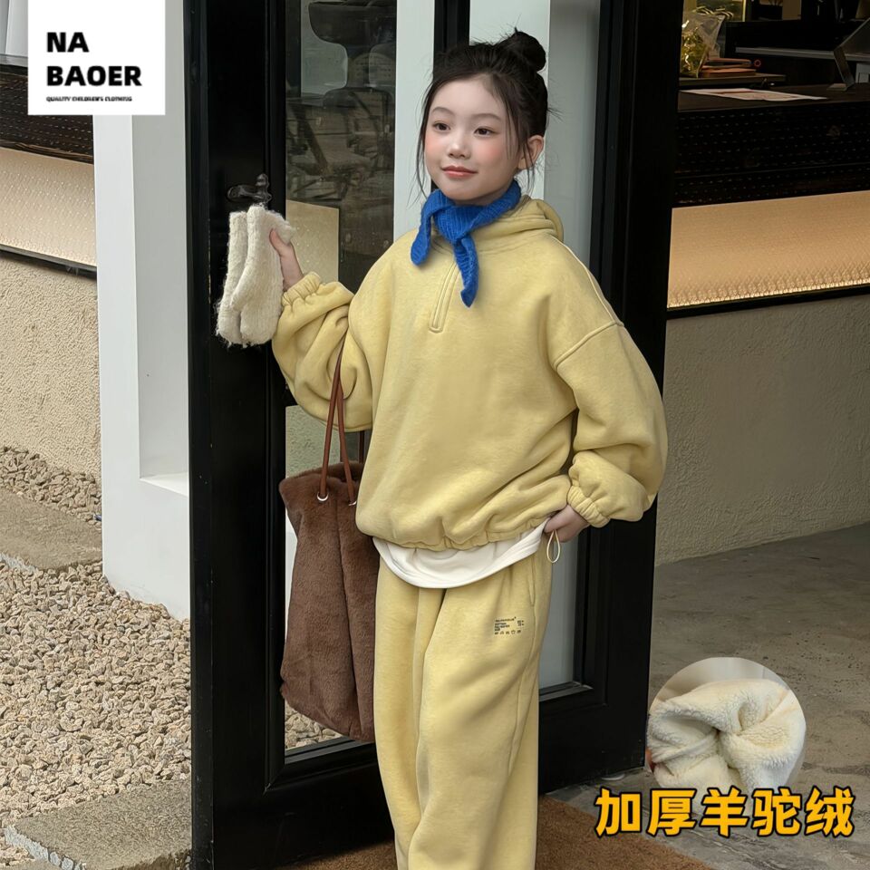 童装女童套装2025冬季新款糯米绒连帽加厚套装保暖两件套潮
