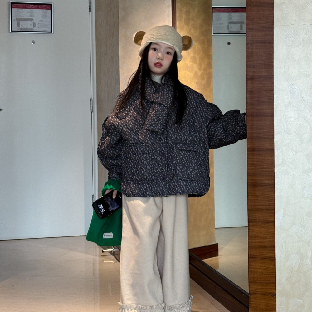 童装女童外套2025秋冬新款韩版碎花围脖棉衣加厚锁温洋气潮