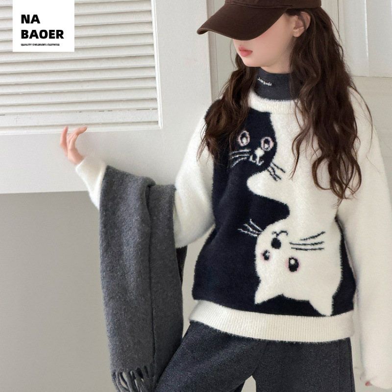 女童秋冬卡通小猫毛衣2025新款中大童冬季宽松套头针织衫白色打底
