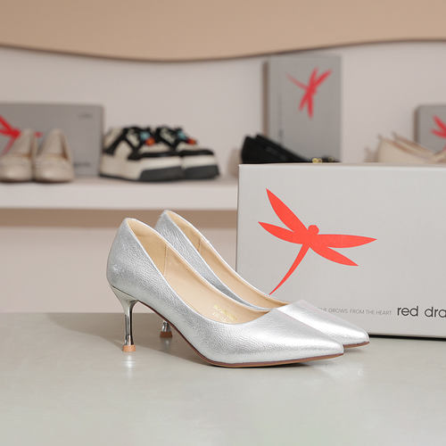 红蜻蜓气质尖头浅口单鞋BC72000021女细跟高跟银色BC72000022婚鞋