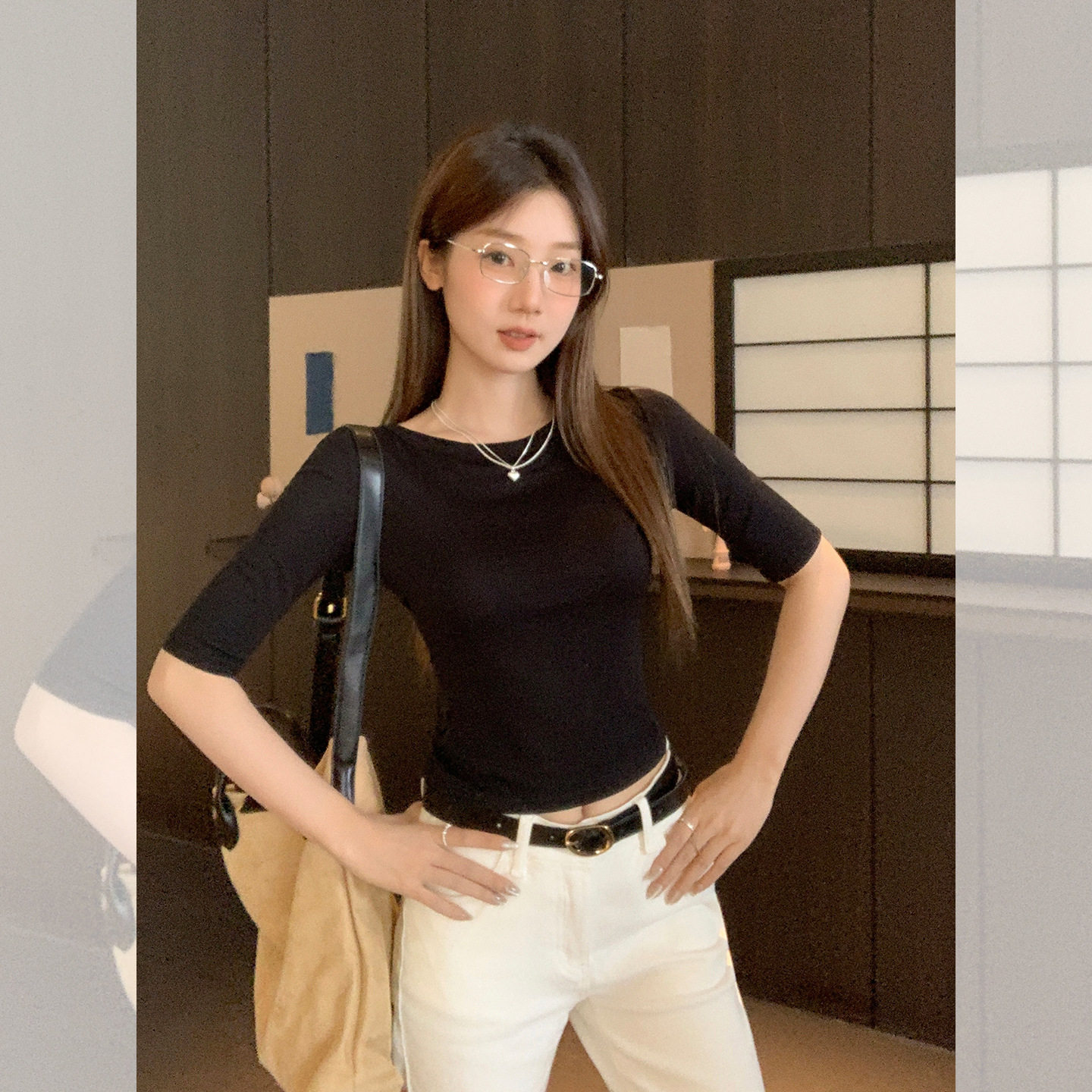 黑色性感镂空露背系带短袖T恤女T恤