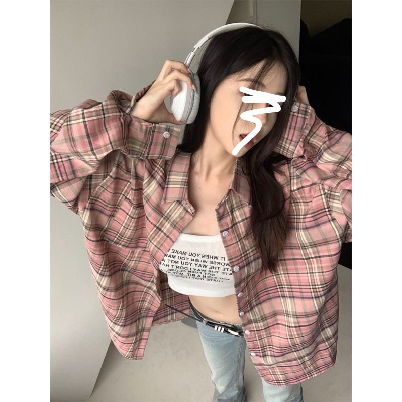 美式复古粉色格子长袖衬衫外套女衬衫
