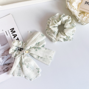 日系森女绿色花朵大肠发圈女扎马尾头绳飘带发饰蝴蝶结皮筋盘发绳