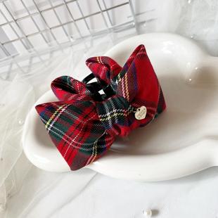 圣诞红色格子蝴蝶结抓夹发饰公主头发夹女后脑勺鲨鱼夹子马尾头饰
