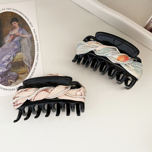 复古油画珍珠精致发抓高级感绸缎头饰后脑勺盘发夹发饰鲨鱼夹抓夹