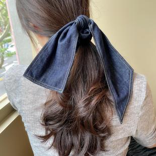 高级感牛仔蝴蝶结大肠圈女飘带发圈绑头发扎丸子头盘发绳头绳头饰