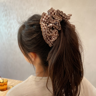 甜美手作发饰复古格子花边大肠发圈女盘发绳丸子头绳马尾皮筋头饰