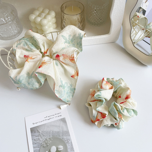 原创手作发饰新中式 大肠圈锦鲤印花方巾发圈发绳流苏头饰丸子头花