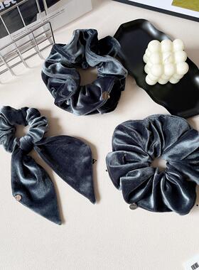 高级感灰色丝绒发圈复古飘带发饰大肠圈女法式慵懒发绳头绳丸子头