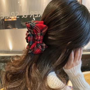 圣诞红色格子蝴蝶结抓夹盘发夹后脑勺头饰新款 高级感发卡大号发抓