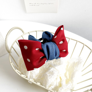 原创发饰复古红色波点蝴蝶结发抓夹中号盘发夹牛仔甜美马尾夹头饰