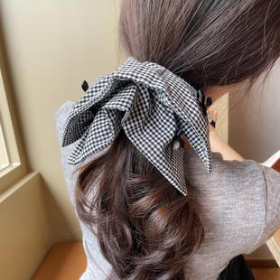 法式 黑白格纹方巾大肠发圈女复古发饰发绳珍珠蝴蝶结皮筋丸子头绳