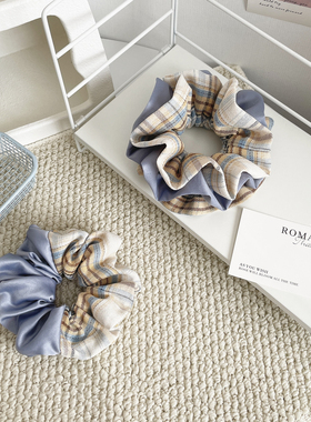 原创发饰天蓝色格子大肠圈复古三层发圈女皮筋盘发绳头饰丸子头花