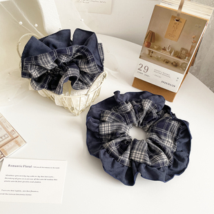 复古发饰深蓝格纹大肠圈高级感法式 发圈女皮筋盘发绳头饰丸子头花