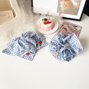 原创手作发饰少女蓝色格子大肠圈方巾发圈发绳蝴蝶结头饰丸子头花