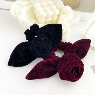 高级复古丝绒玫瑰花发圈蝴蝶结大肠圈新款 头绳高级感头饰女秋冬