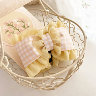 原创发饰格子蝴蝶结抓夹甜美少女花边发抓后脑勺头饰盘发夹鲨鱼夹