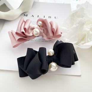 韩国新款 蝴蝶结发夹手工洋气甜美珍珠螺纹织带顶夹马尾夹百搭发饰