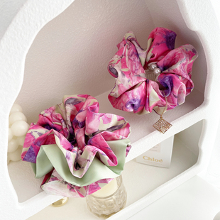 原创法式 复古发饰气质玫红色仿真丝大肠圈发圈吊坠发绳皮筋盘头饰