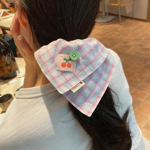 原创手作发饰韩系方巾发圈粉蓝格纹大肠圈女方形发绳马尾头饰皮筋
