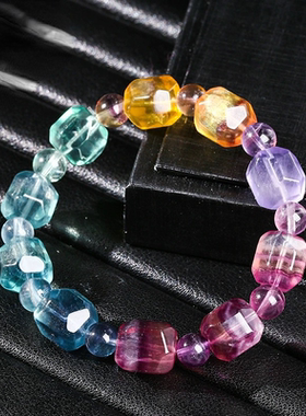 天然彩虹随性莹石手链女独特异形不规则彩色萤石水晶手串饰品礼物