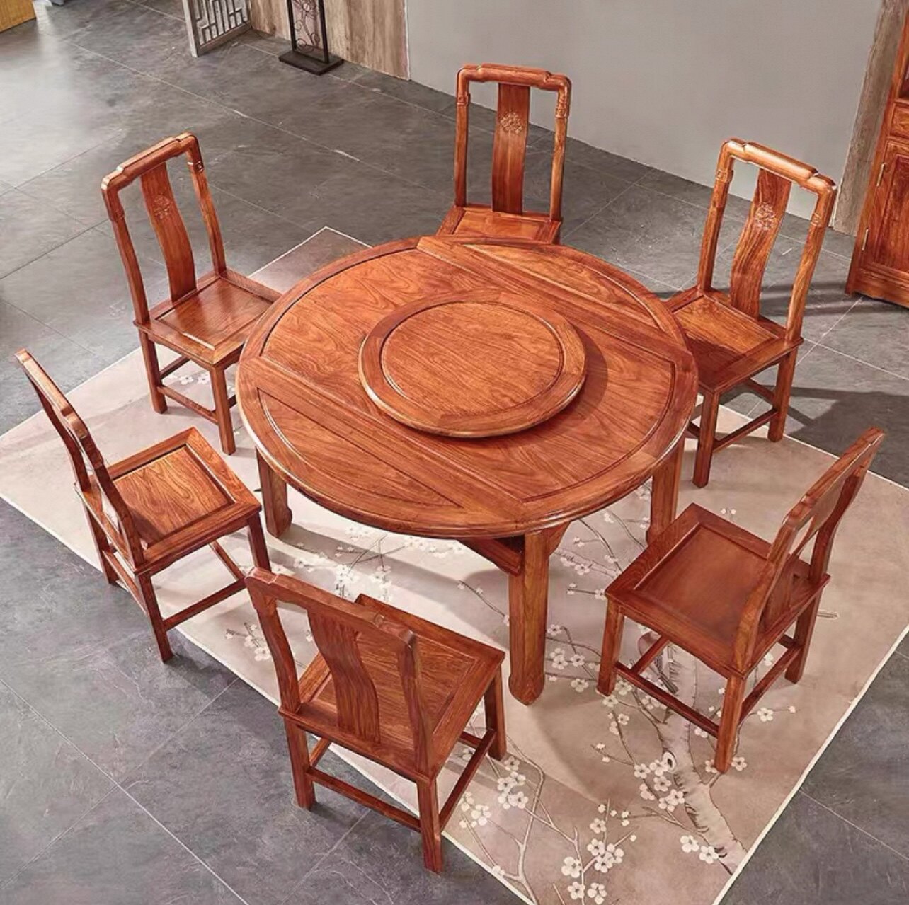红木餐桌 圆形餐台饭桌 花梨木实木明清古典刺猬紫檀象头桌椅组合